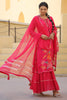 Hot Pink Color Muslin Embroidered & Floral Printed Kurta Set With Stitched Skirt