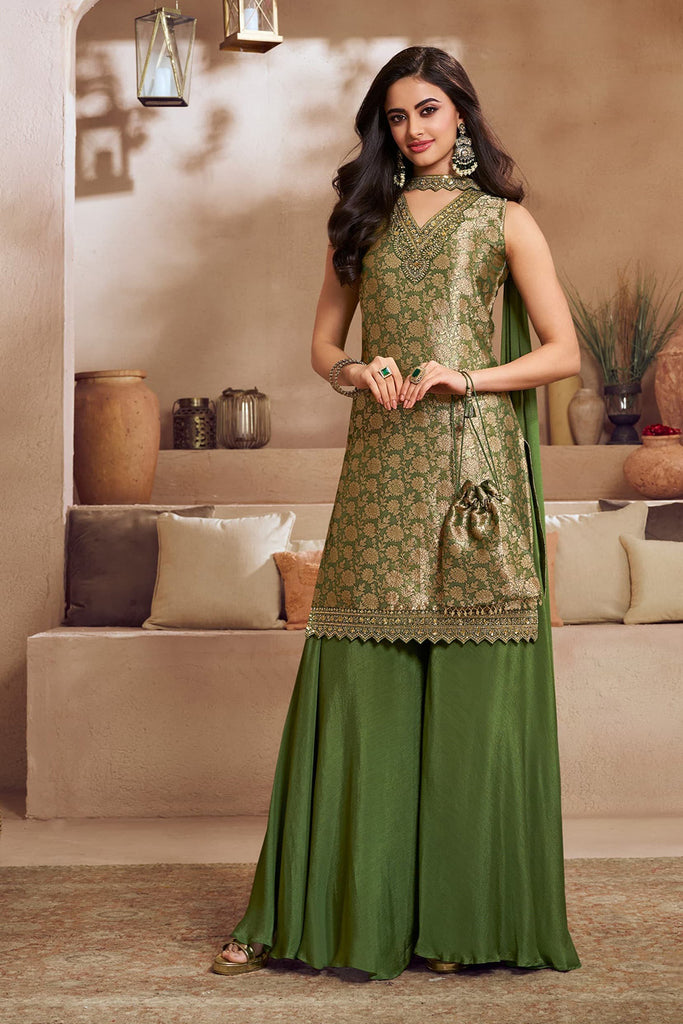 Green Silk Woven and Neck-Embroidered Suit With Palazzo