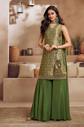 Green Silk Woven and Neck-Embroidered Suit With Palazzo