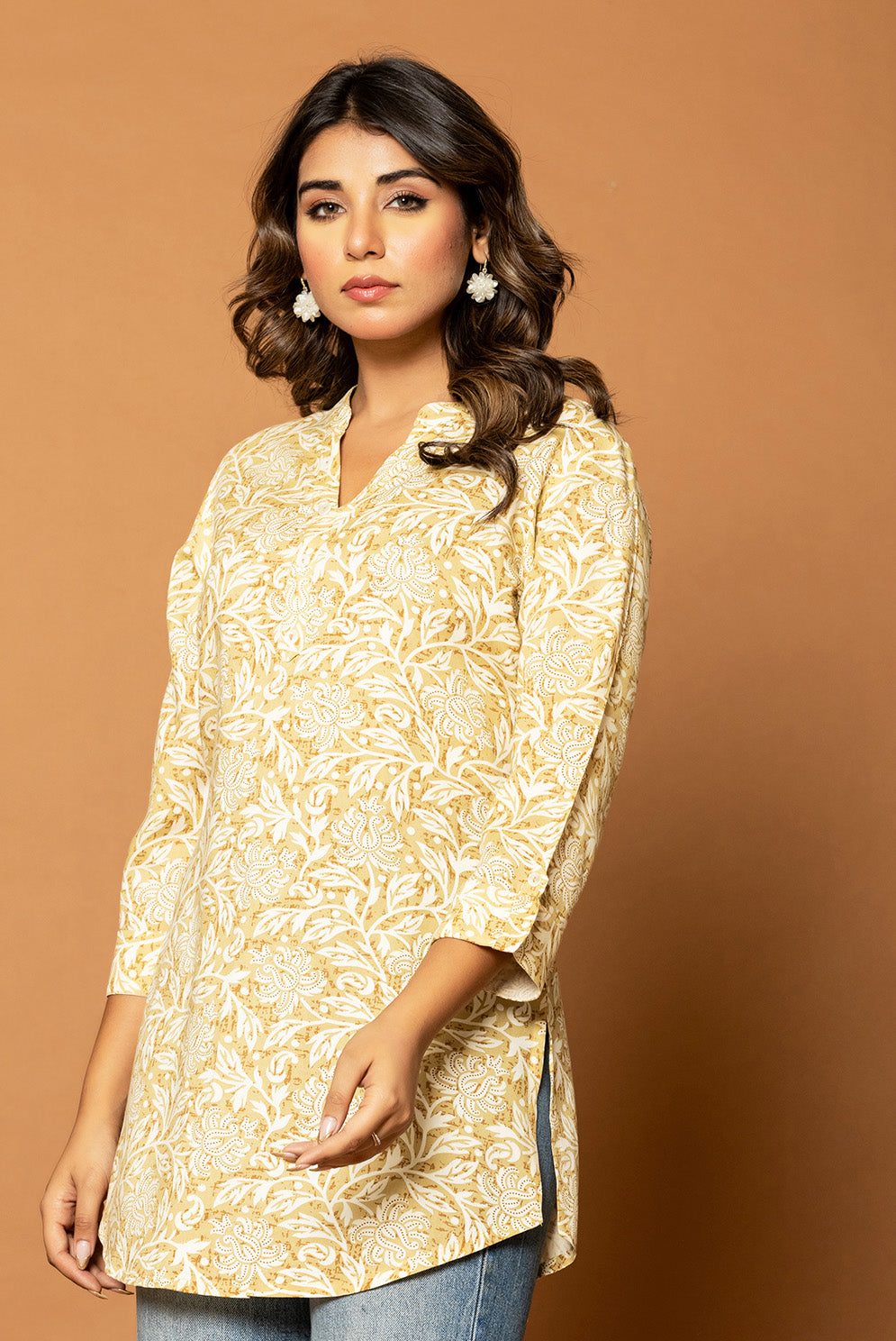 Beige & Cream Colour Floral Printed Kurti