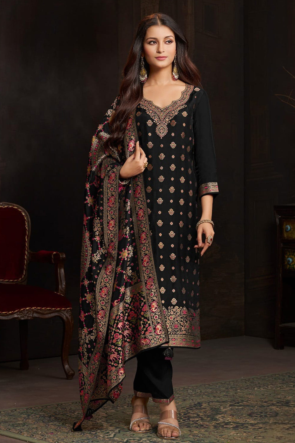 Black Silk Neck Embroidered And Zari Woven Suit With Woven Dupatta Set