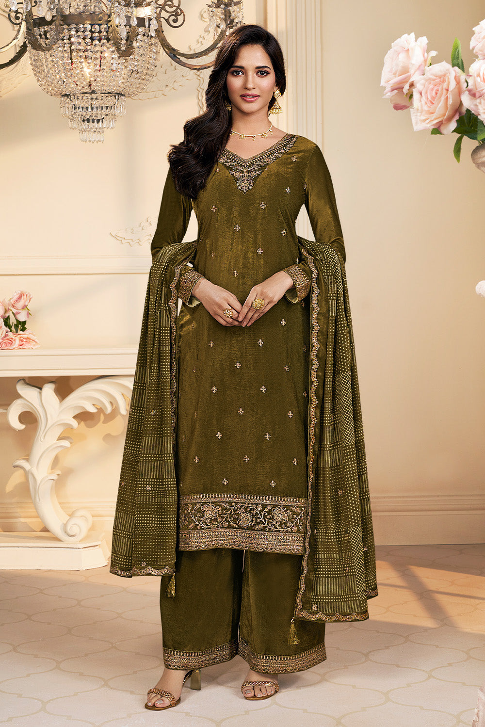 Olive Green Velvet Zari and Sequins Embroidered Unstitched Suit Fabric