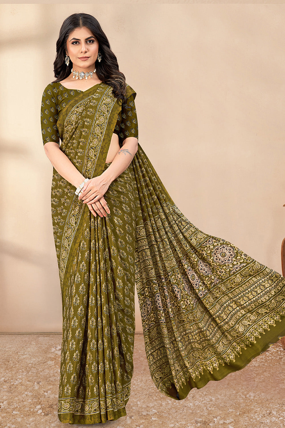 Sage Green Soft Georgette Floral Printed Saree