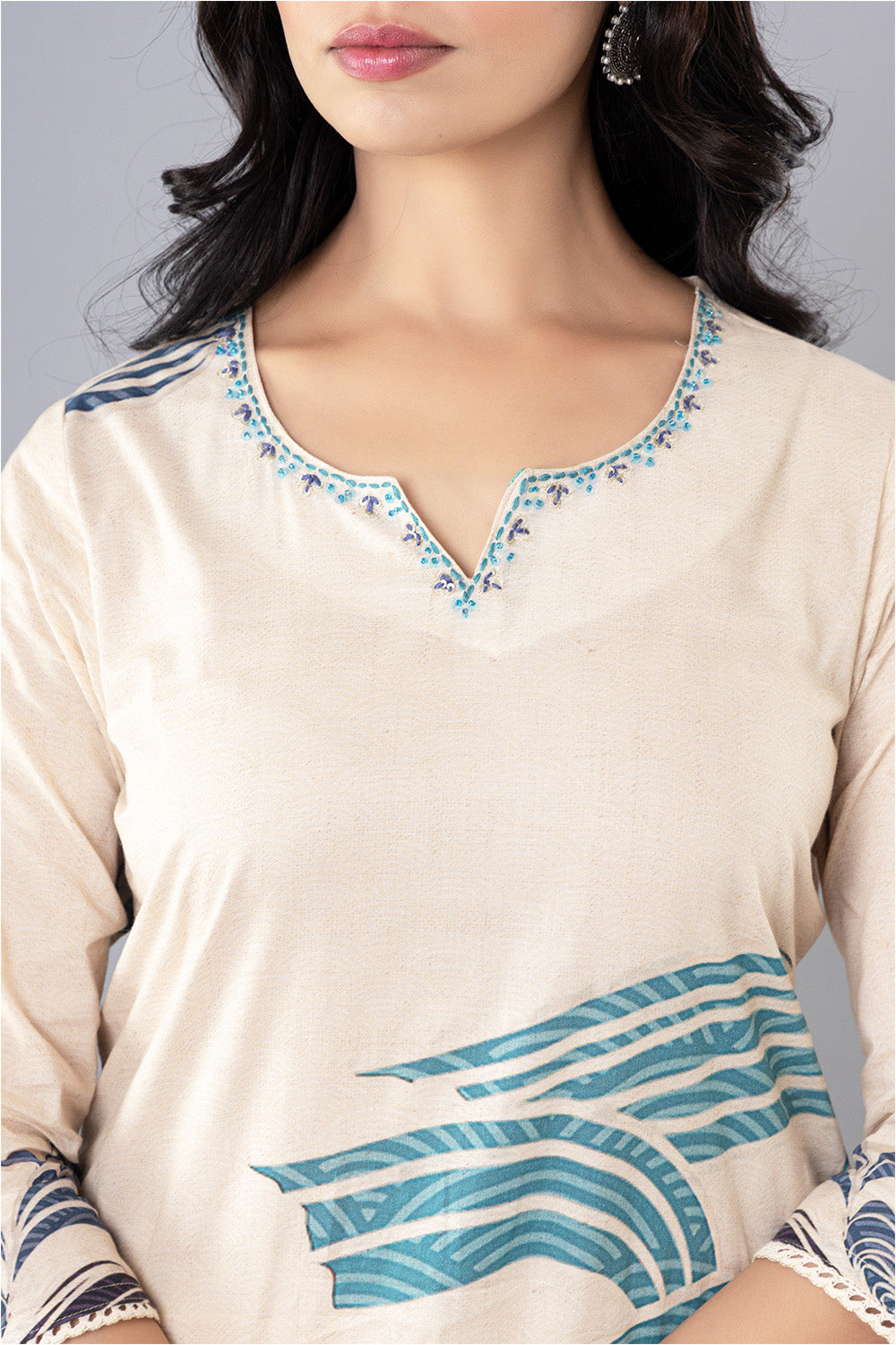 Cream & Blue Cotton Printed Suit