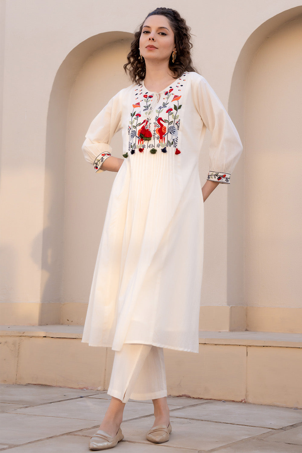 Cream Color Cotton Embroidered Kurta Set