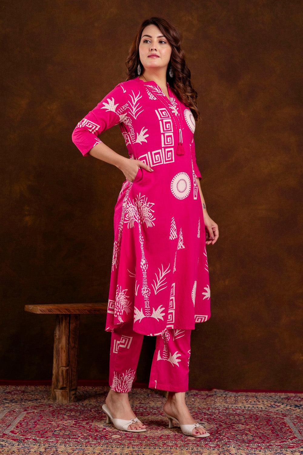 Magenta Block Printed Cotton Printed Kurta Set