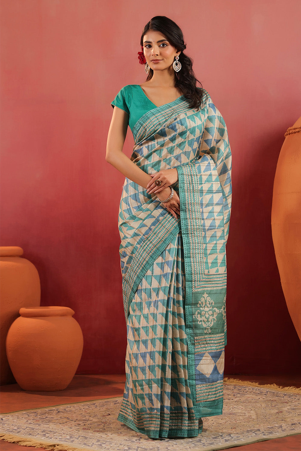 Turquoise And Beige Tussar Silk Printed Saree