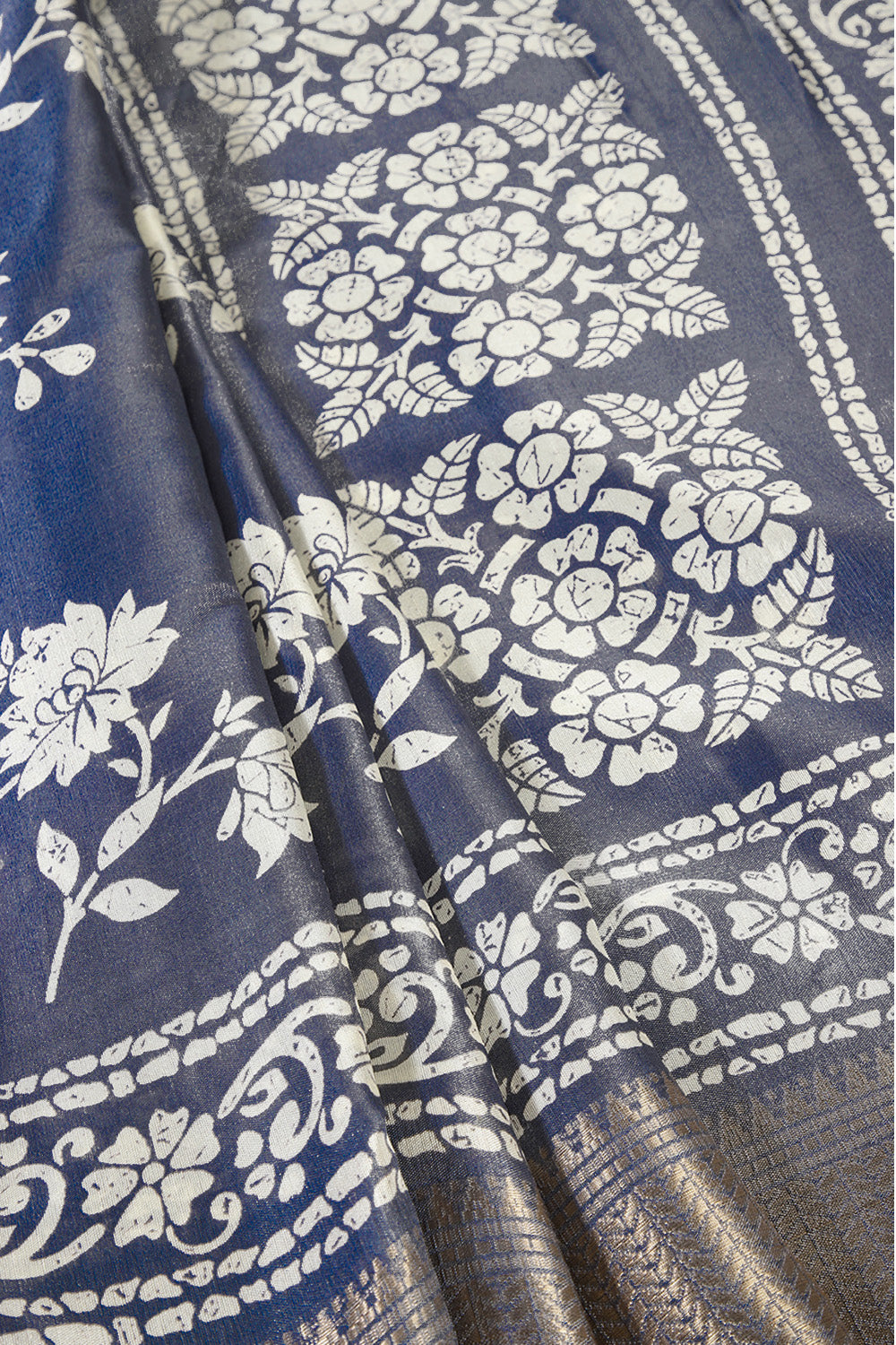 Navy Color Cotton Silk Block Printed Saree