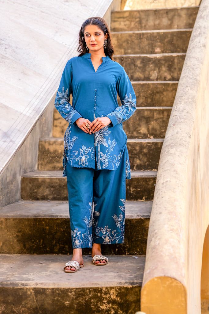 Teal Color Floral Printed Cotton Co-ord Set