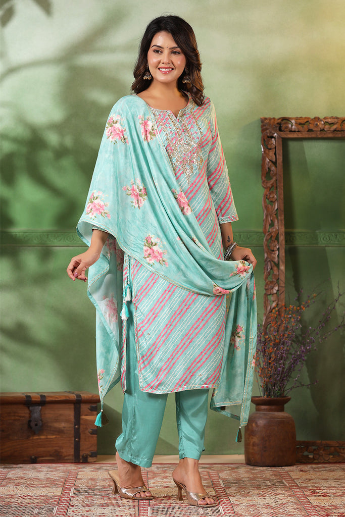 Mint Green Color Leheria Printed Muslin Suit