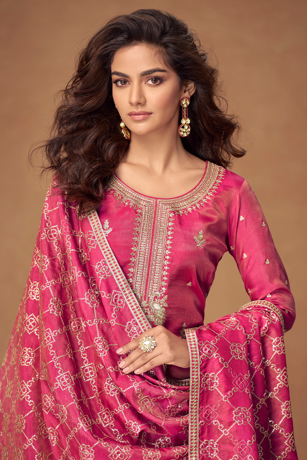 Magenta Silk Zari And Sequins Embroidered Suit With Embroidered Palazzo