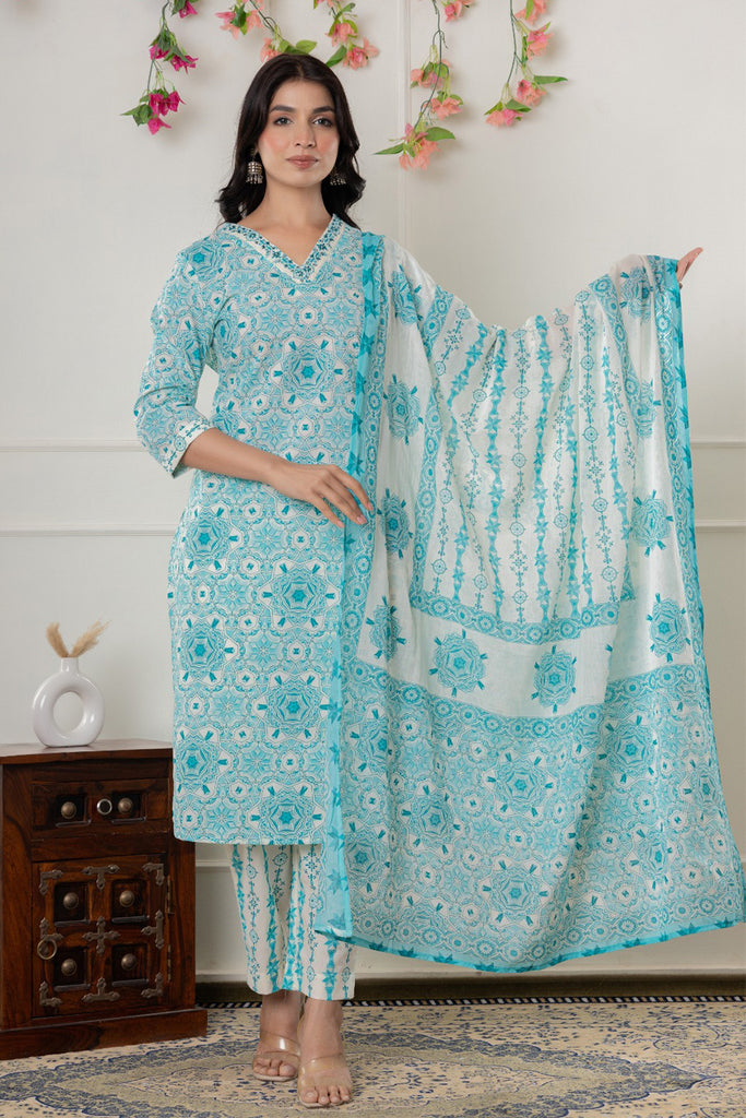 Turquois & Cream Cotton Printed Suit Set