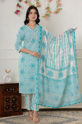 Turquois & Cream Cotton Printed Suit Set