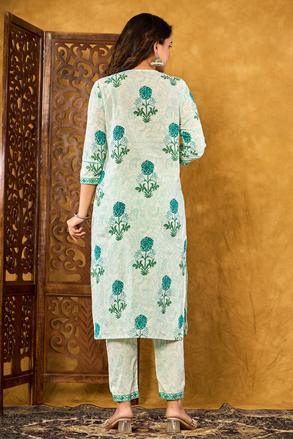 Teal Floral Printed Straight Suit Set
