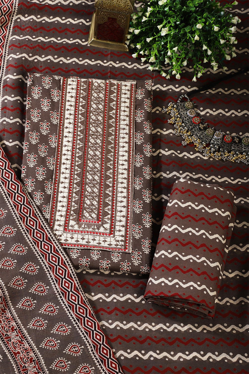 Brown Color Cotton Printed & Neck Embroidered Unstitched Suit
