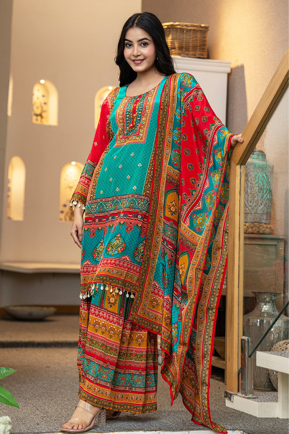 Teal & Mustard Crepe Silk Printed Suit With Printed Palazzo