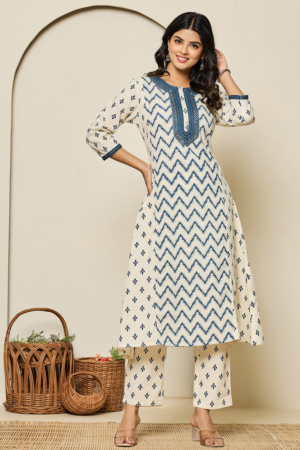 Cream & Navy Color Khadi Cotton Printed Kurta Set