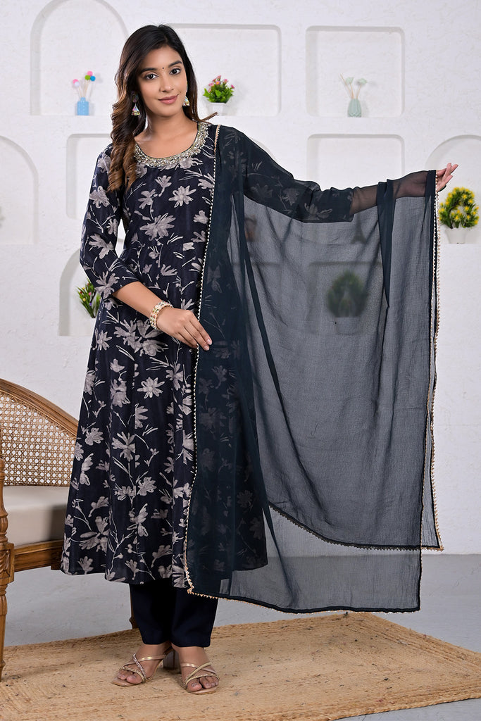 Navy Floral Printed Anarkali Muslin Suit