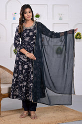Navy Floral Printed Anarkali Muslin Suit