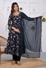Navy Floral Printed Anarkali Muslin Suit