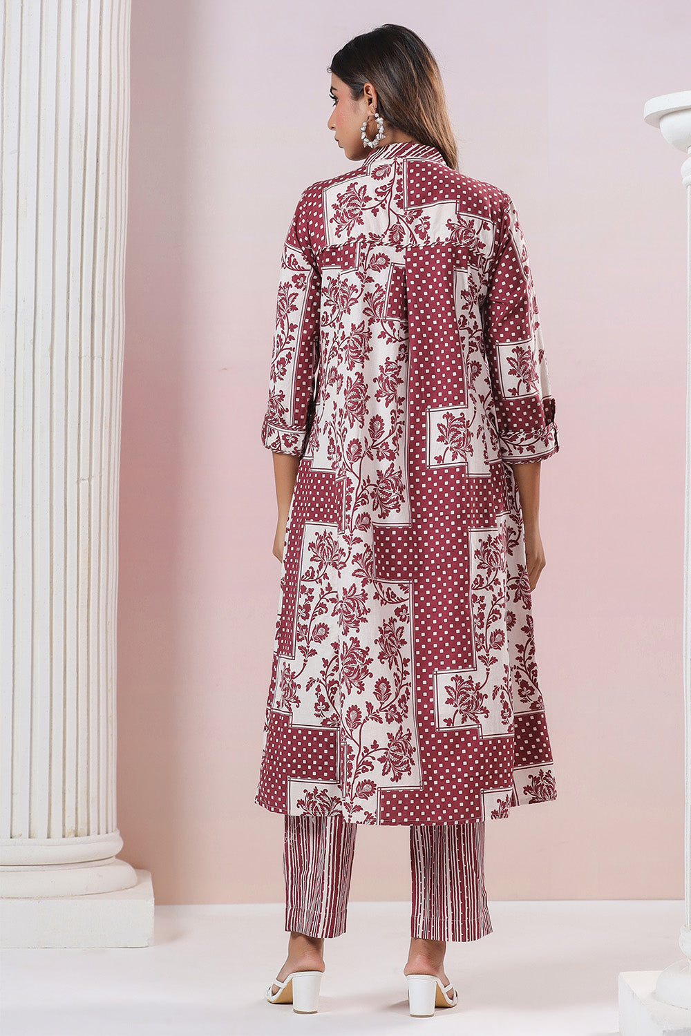 Maroon & Cream Color Cotton Printed Co_ord Set