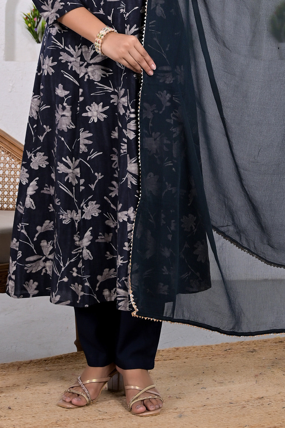 Navy Floral Printed Anarkali Muslin Suit
