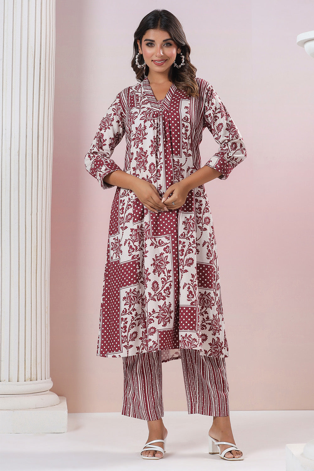 Maroon & Cream Color Cotton Printed Co_ord Set