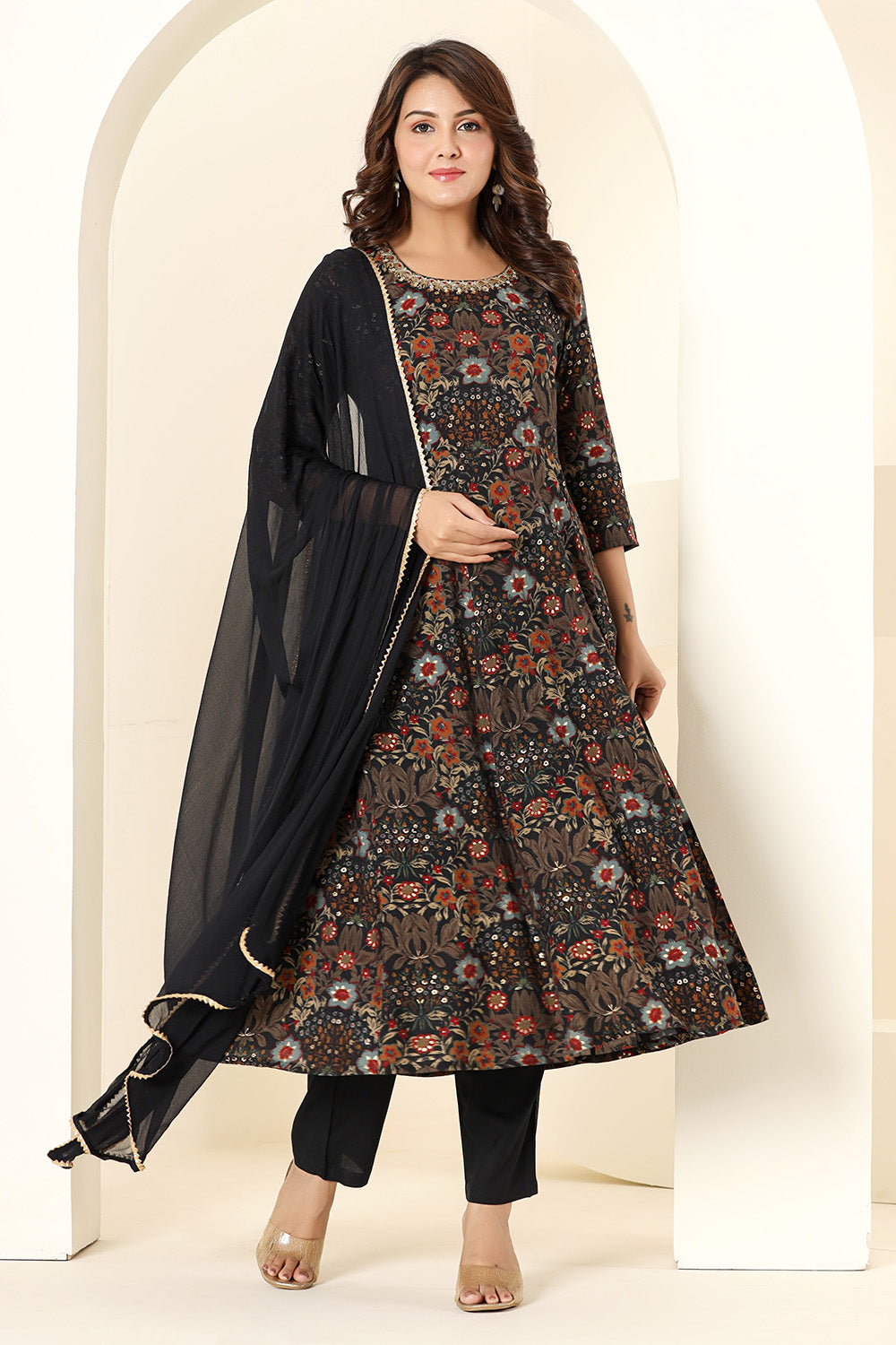 Black & Brown Muslin Floral Printed Anarkali Suit