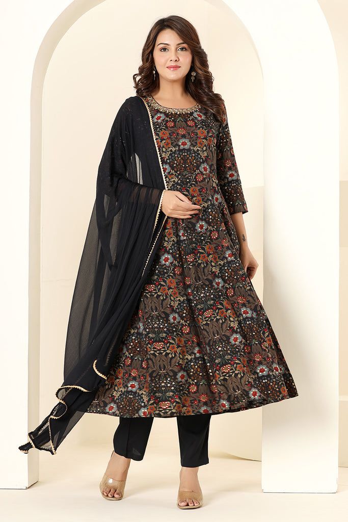 Black & Brown Muslin Floral Printed Anarkali Suit