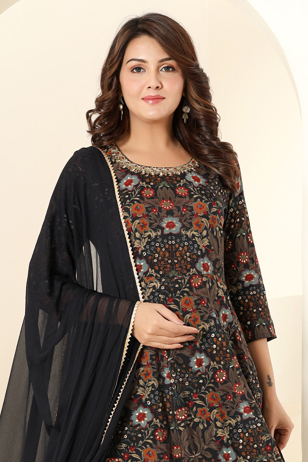 Black & Brown Muslin Floral Printed Anarkali Suit