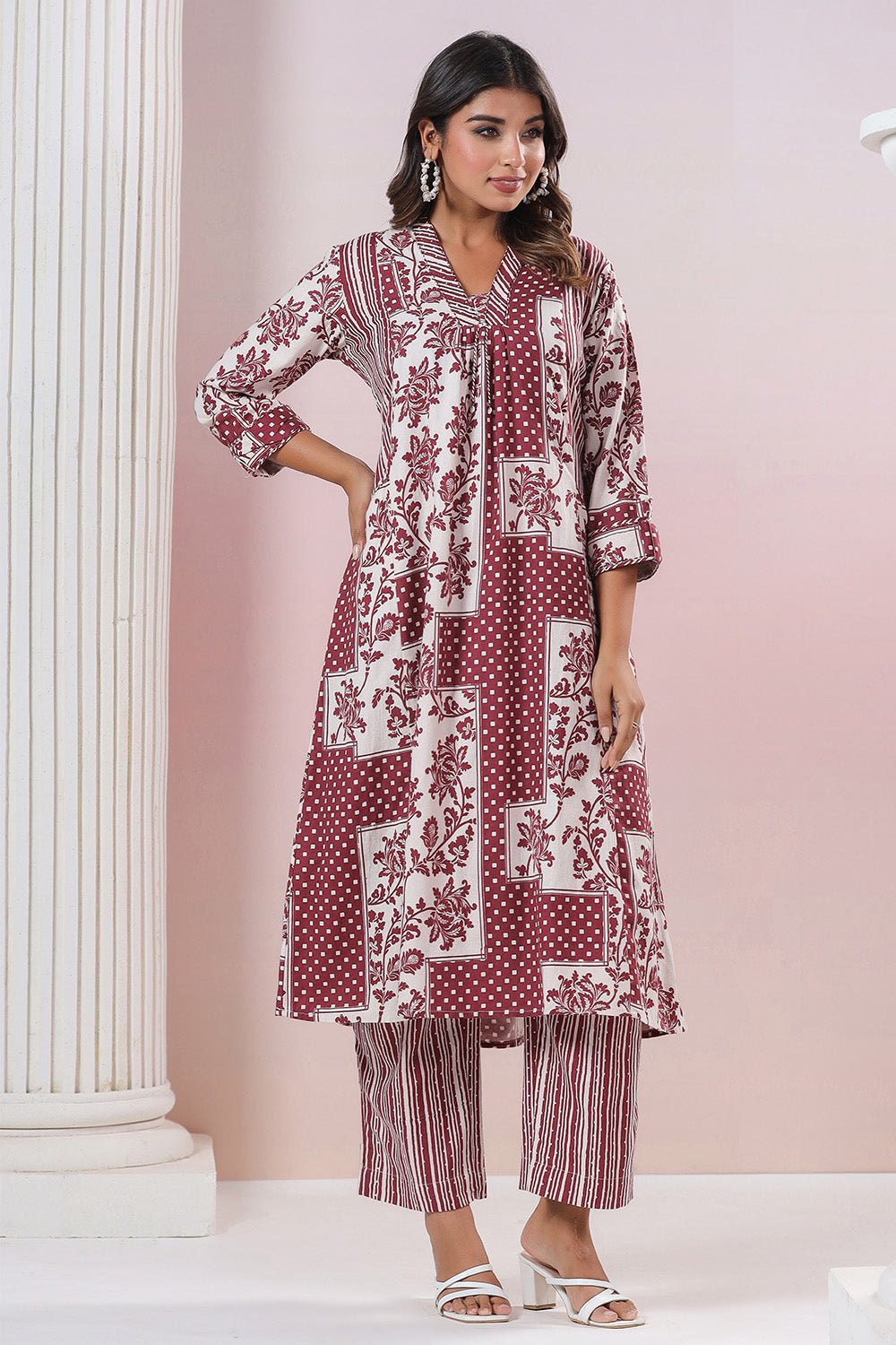 Maroon & Cream Color Cotton Printed Co_ord Set