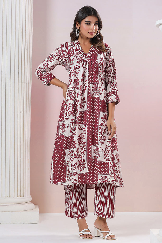 Maroon & Cream Color Cotton Printed Co_ord Set