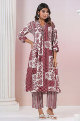Maroon & Cream Color Cotton Printed Co_ord Set