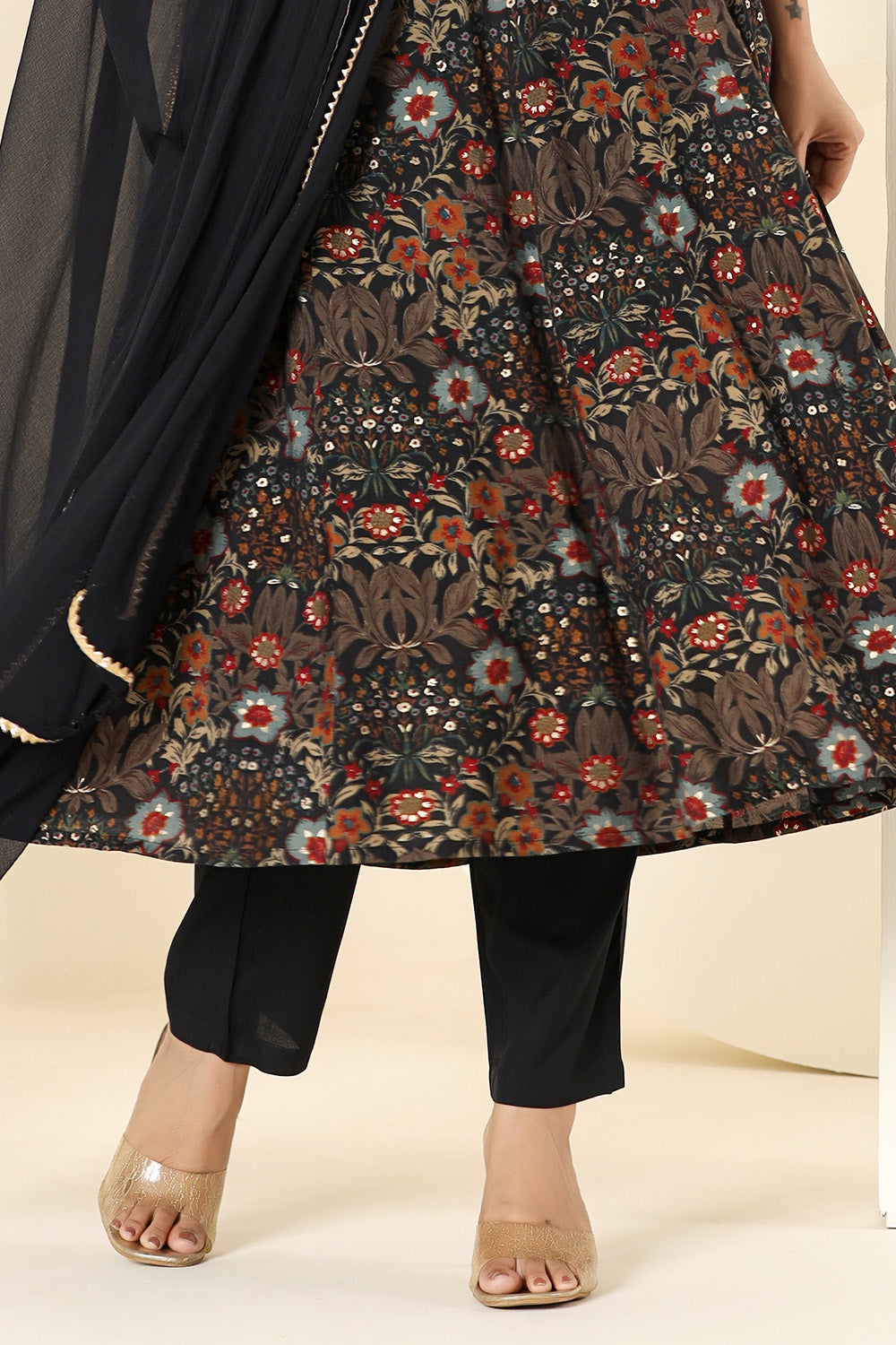 Black & Brown Muslin Floral Printed Anarkali Suit