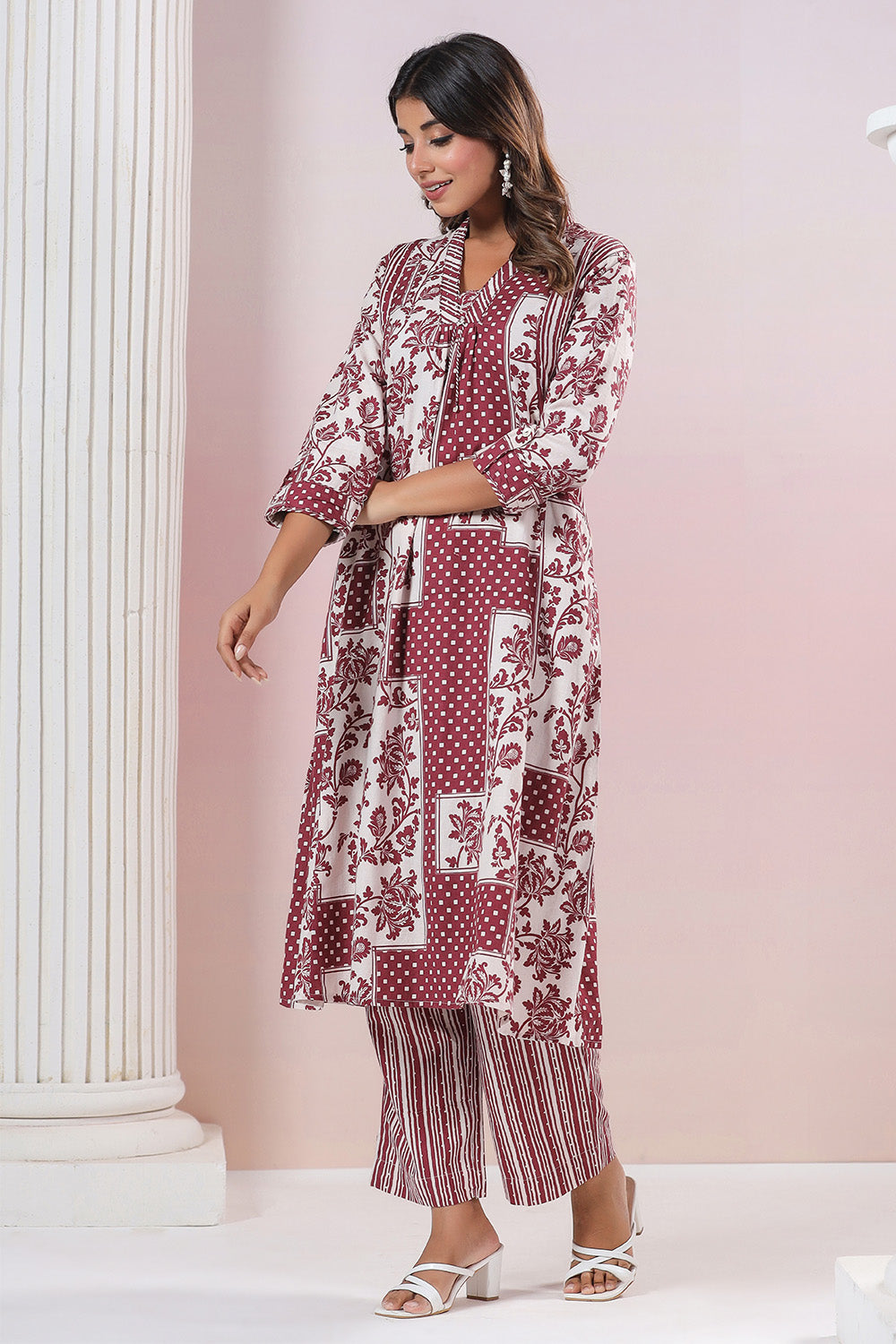 Maroon & Cream Color Cotton Printed Co_ord Set