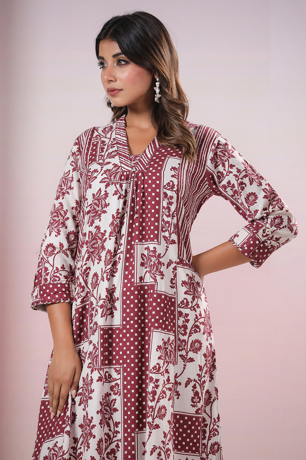 Maroon & Cream Color Cotton Printed Co_ord Set