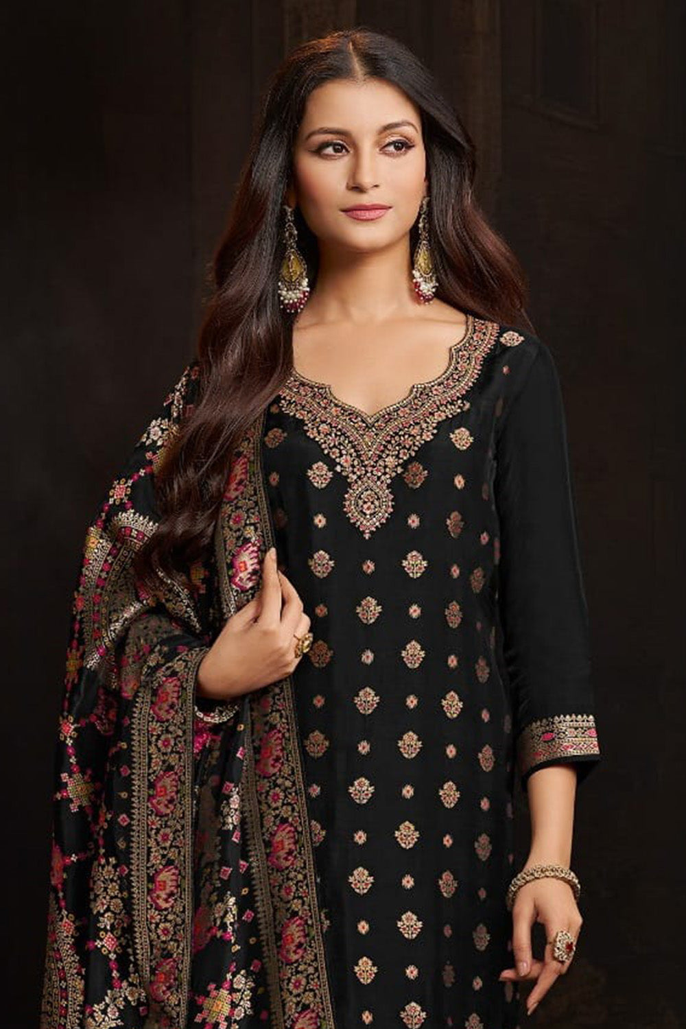 Black Silk Neck Embroidered And Zari Woven Suit With Woven Dupatta Set