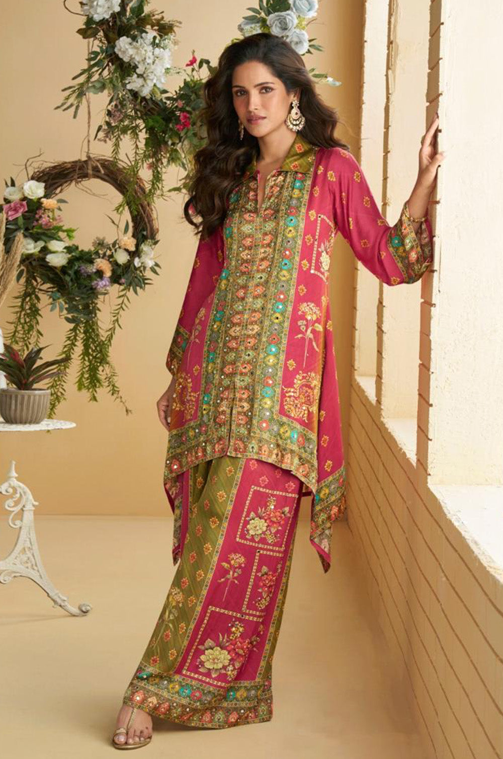 Hot Pink & Green  Printed Crepe Kurta Set With Palazzo
