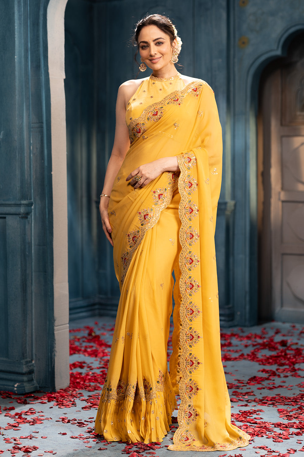Pale Yellow Pure Georgette Resham, Zari and Sequins Embroidered Saree