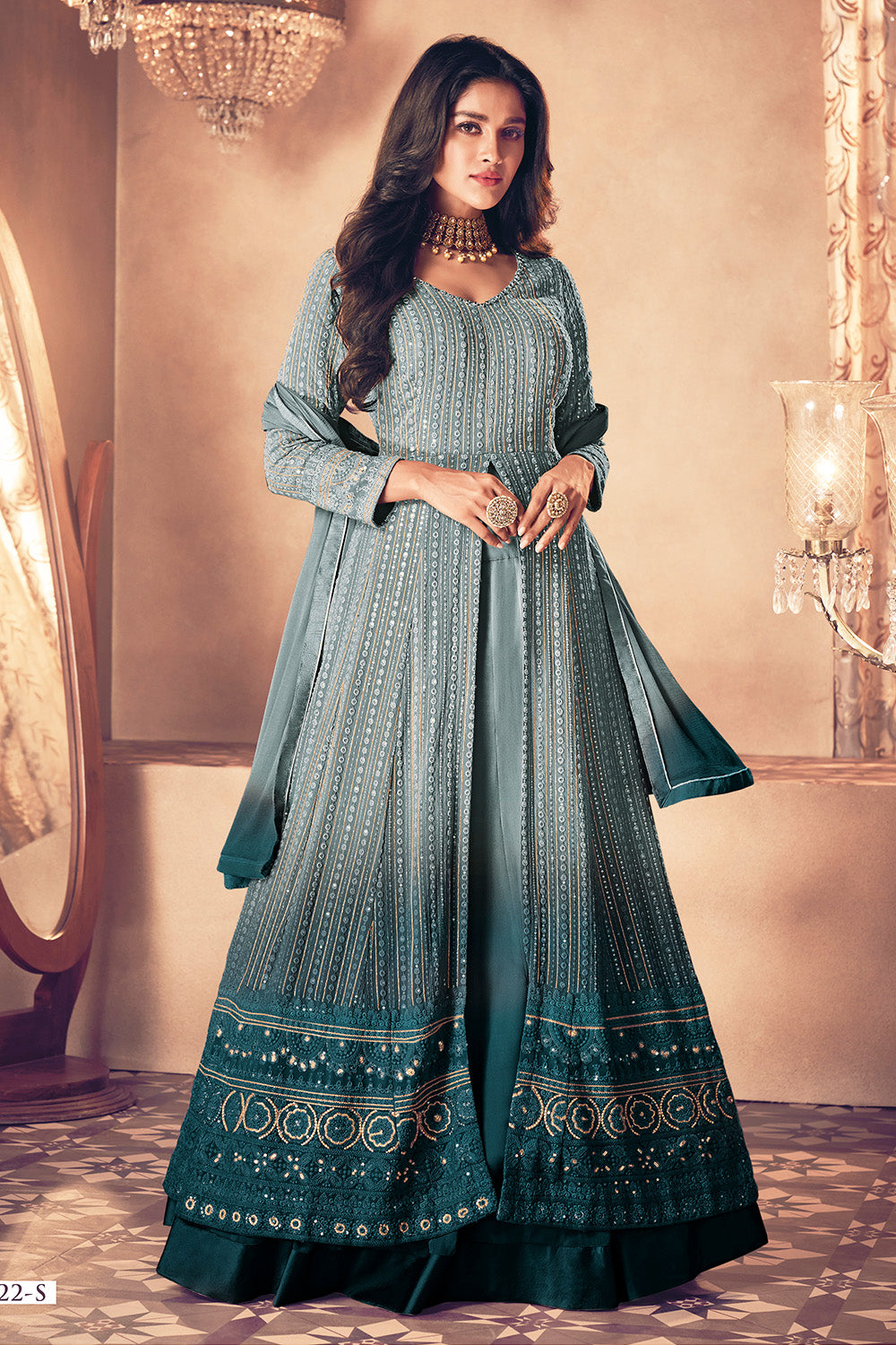 lady bazaar dresses Lady Bazaar Green Gown Dark Green Anarkali Gown With V Neckline Handwork Panel At