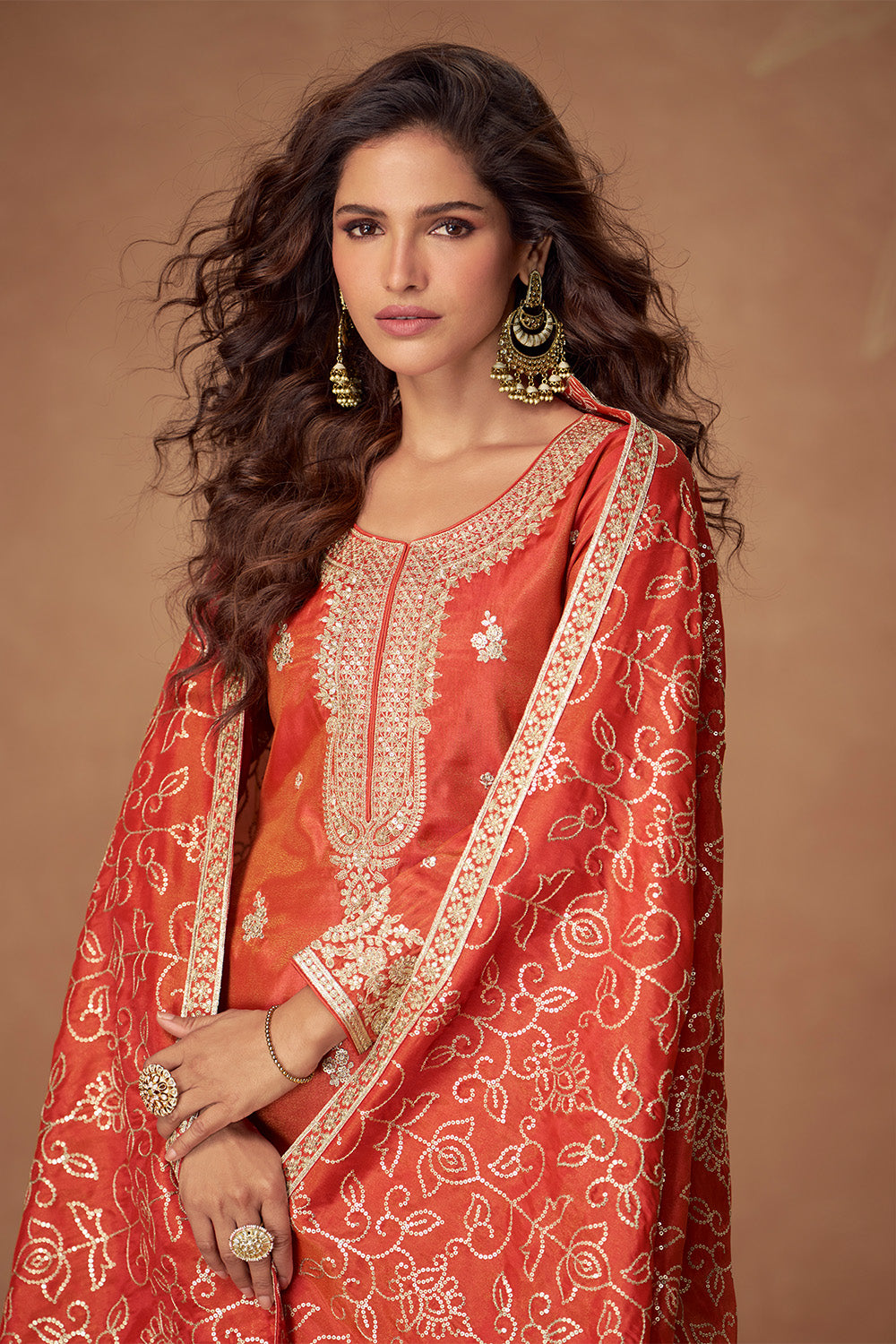 Rust Silk Zari And Sequins Embroidered Suit With Embroidered Palazzo