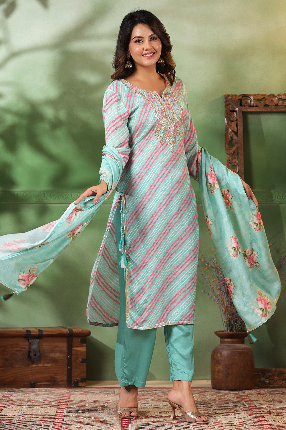 Mint Green Color Leheria Printed Muslin Suit