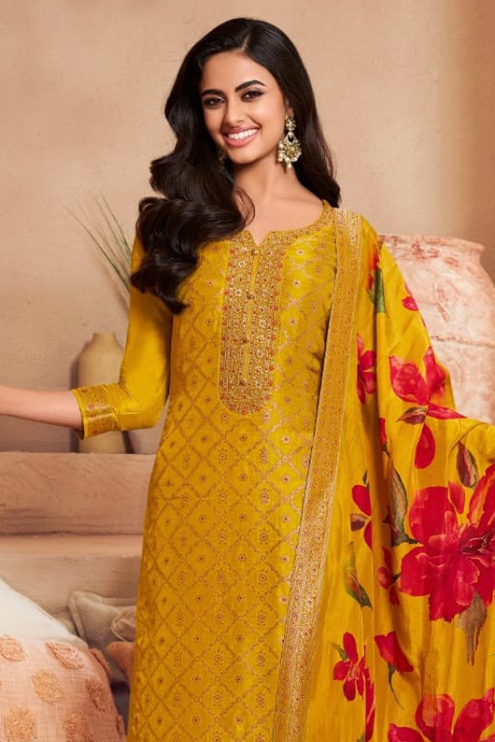 Mustard Zari Woven & Embroidered Silk Suit