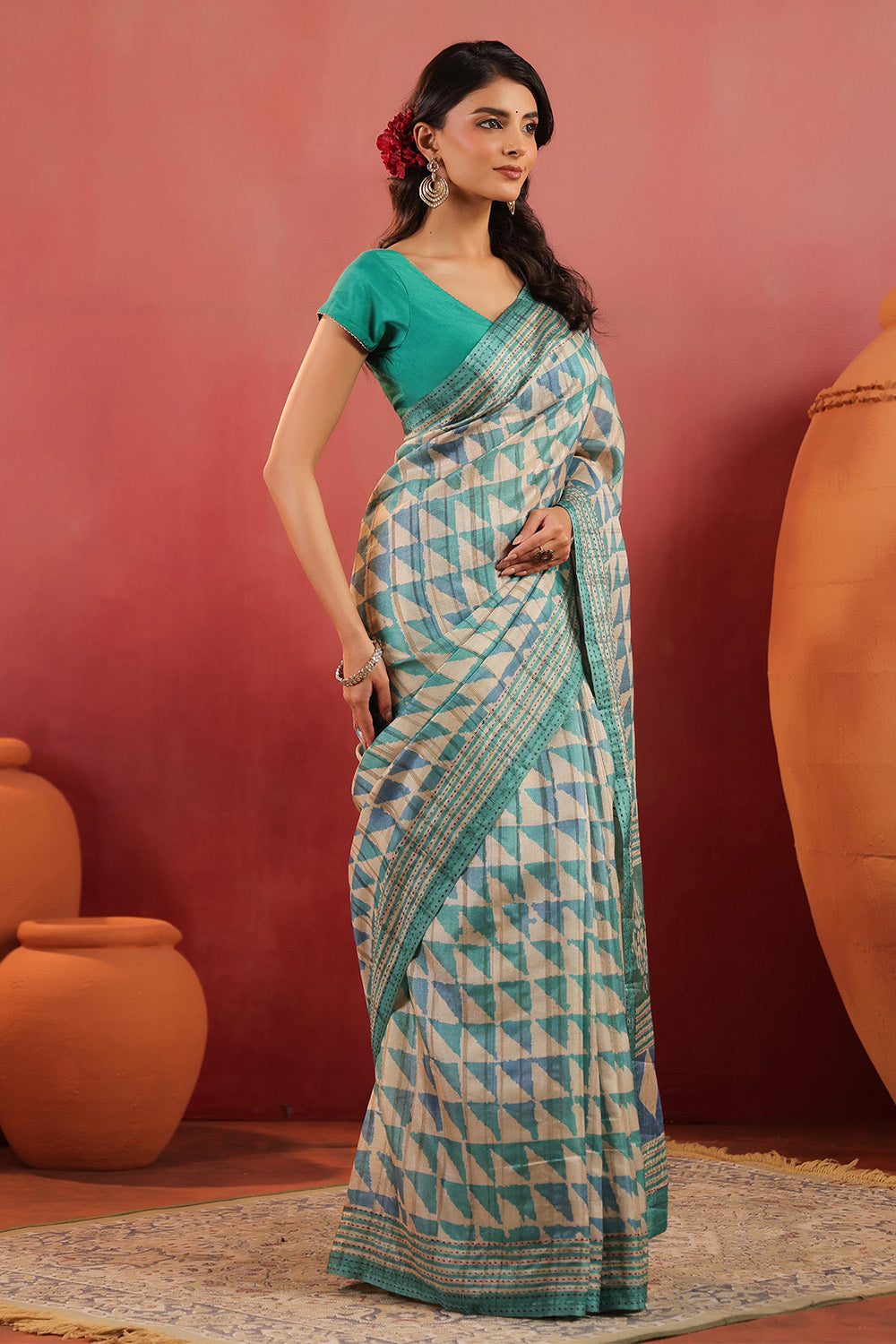 Turquoise And Beige Tussar Silk Printed Saree