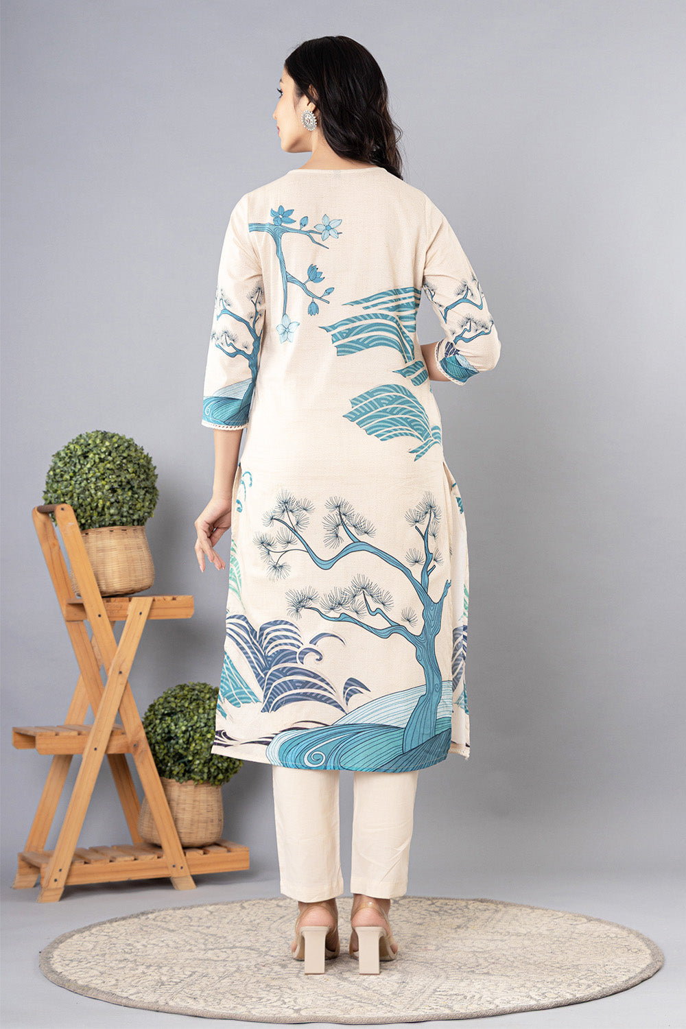 Cream & Blue Cotton Printed Suit