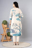 Cream & Blue Cotton Printed Suit