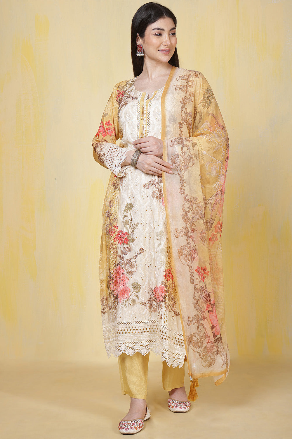 Pale Yellow Crepe Silk Embroidered Printed and Lace Work Suit