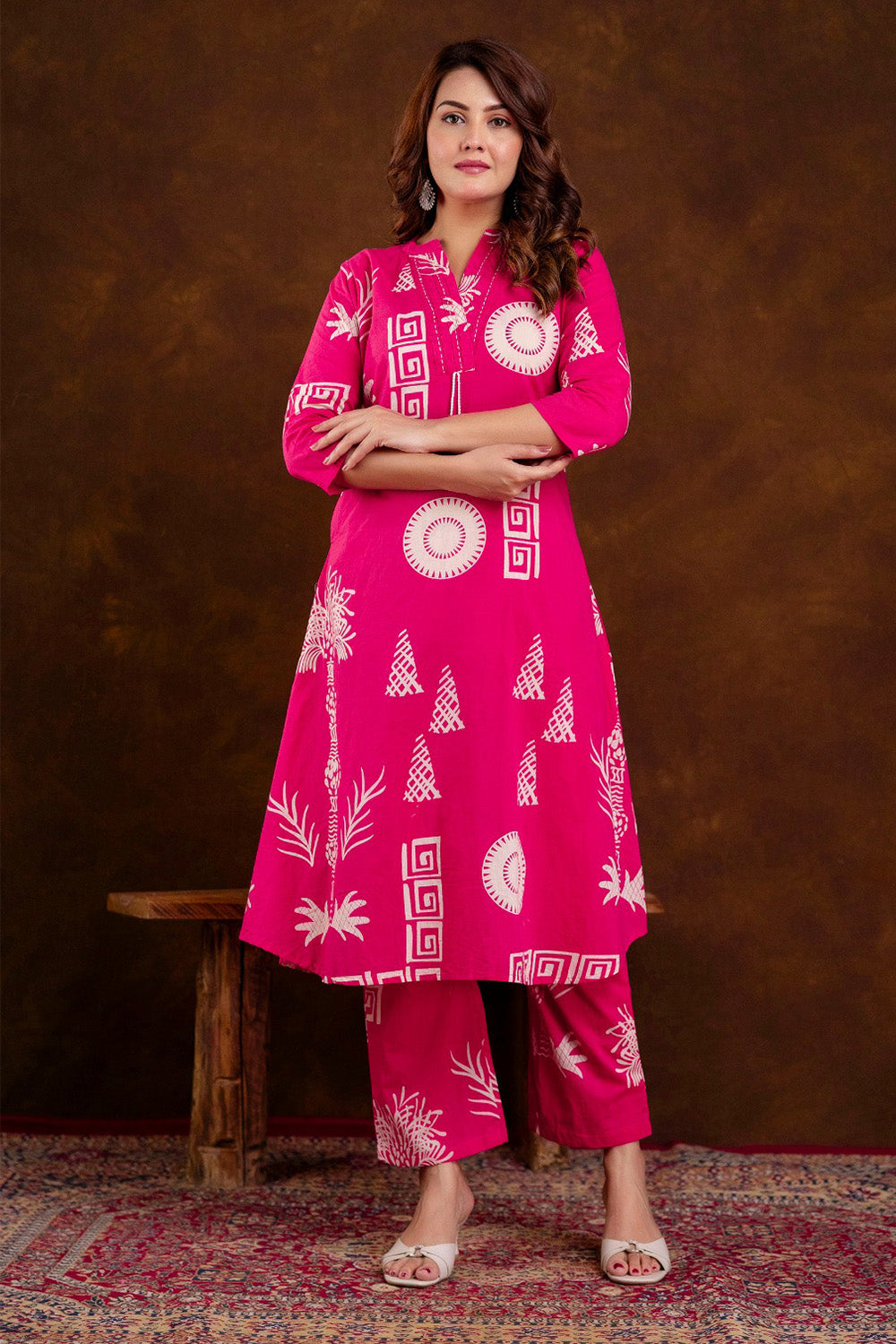 Magenta Block Printed Cotton Printed Kurta Set