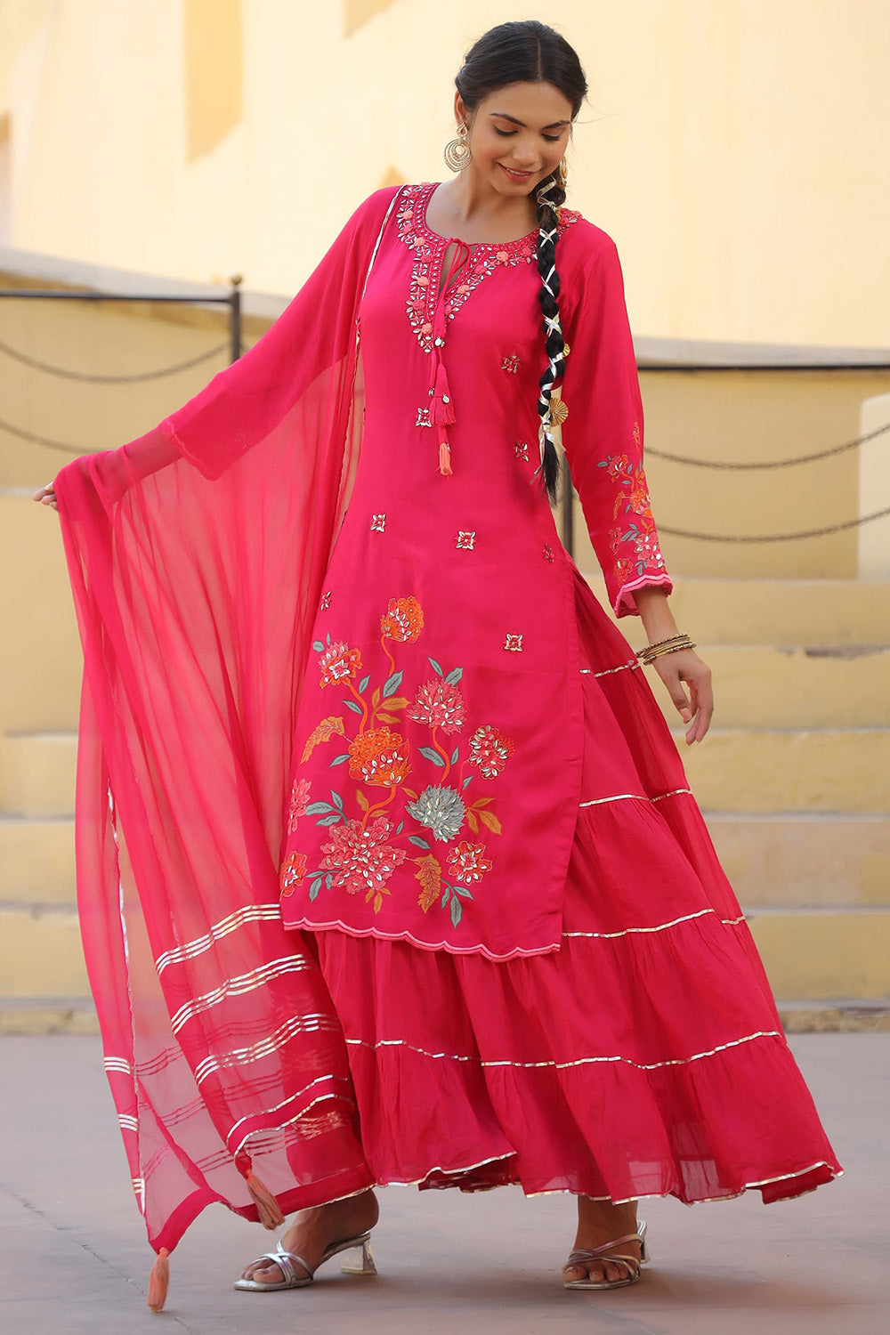 Hot Pink Color Muslin Embroidered & Floral Printed Kurta Set With Stitched Skirt