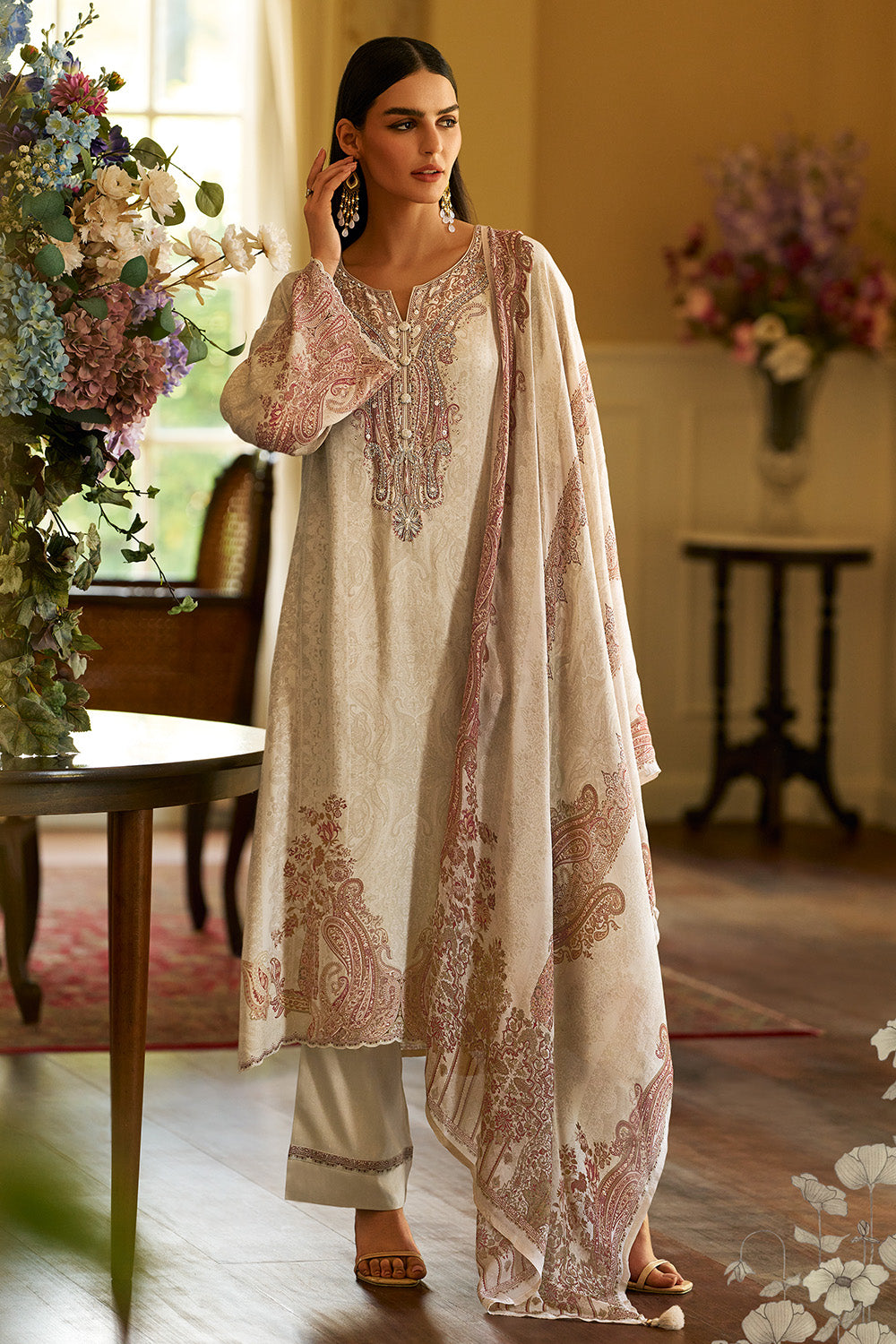 Cream Spun Printed Unstitched Suit Fabric